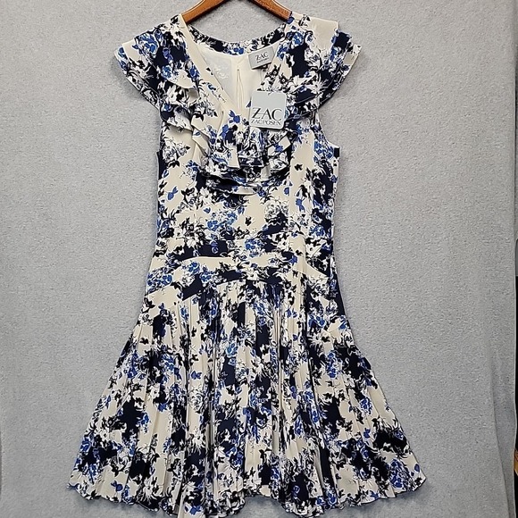 NWT Zac Posen Womens Sz 12 Dress Blue Cream‎ Floral Silk Ruffle Neck Flare Skirt